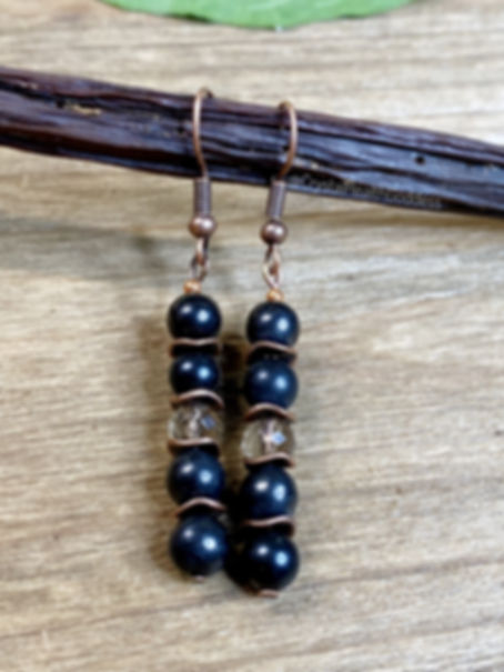 Shungite + Smokey Quartz Antique Copper Dangle Earrings